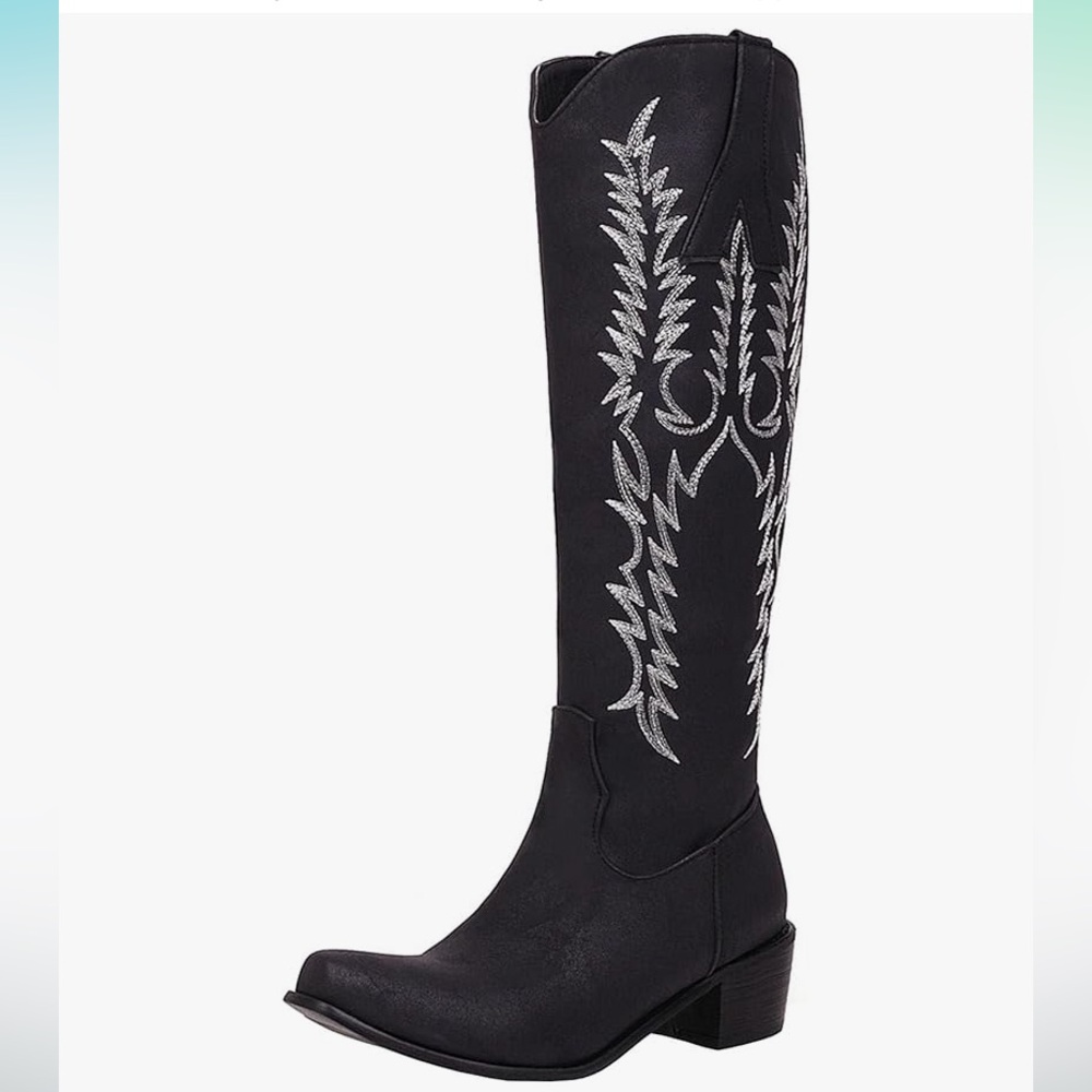Black faux leather knee-high cowgirl boots with embroidery, block heel, pointed